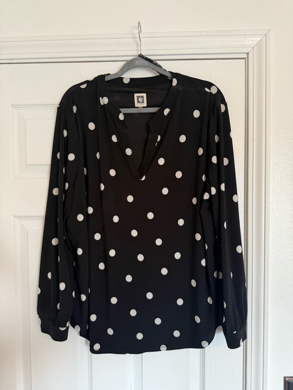 Anne Klein Black and White Polka Dot Split-Neck Blouse